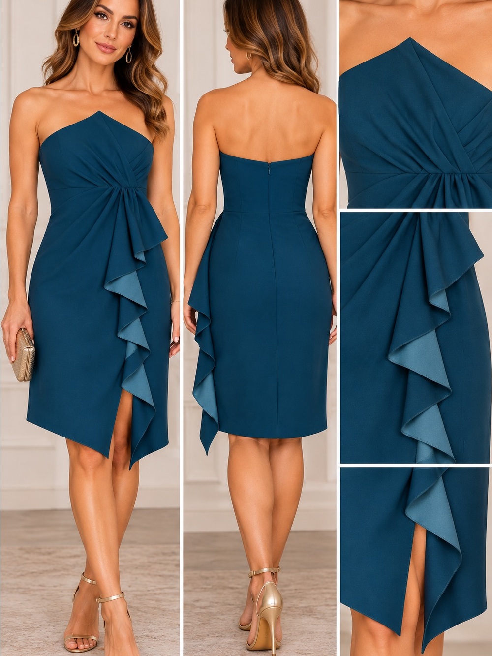 Strapless Teal Ruffle Midi Dress